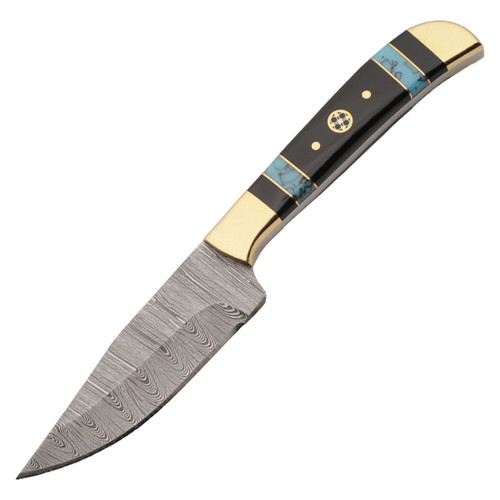 Turquoise and Black Mosaic Fixed Knife Resin Handle Damascus Blade W/Sheath DM1428